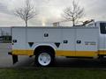 A 2019 Ford F-550 work truck with a white and yellow paint scheme featuring a service bed with multiple compartments on the sides