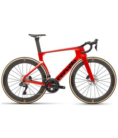 2026 Cervelo S5 Ultegra Di2 Road Bike in red with aerodynamic frame and integrated components featuring black and gold wheels