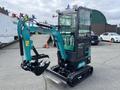 2024 AGT Industrial Green QH13R Mini Excavator with a black track and a blue-green arm equipped with a bucket attachment