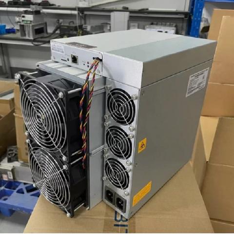 A Bitmain Antminer L7 cryptocurrency mining rig with multiple cooling fans and power supply ports visible on the back