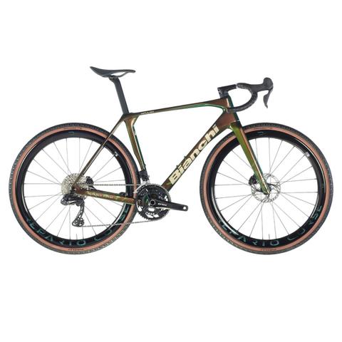 2026 Bianchi Impulso RC Shimano GRX 825 Di2 carbon race gravel bike featuring a sleek frame design and wide tires suitable for various terrains
