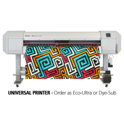 A Mutoh ValueJet 1628WX printer displaying a colorful geometric pattern on the printing material