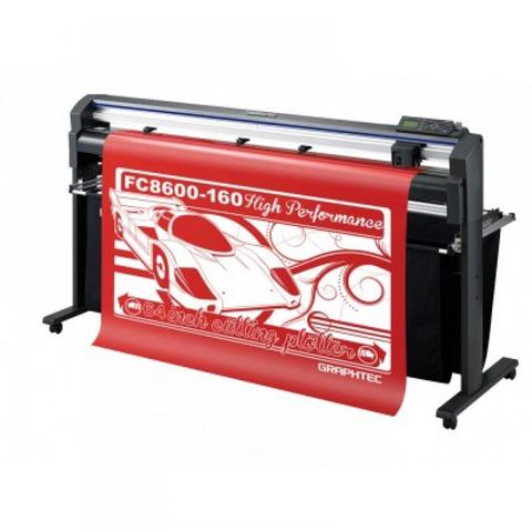 Graphtec FC8600-160 vinyl cutting plotter with a large roll of red material displaying a design featuring a race car