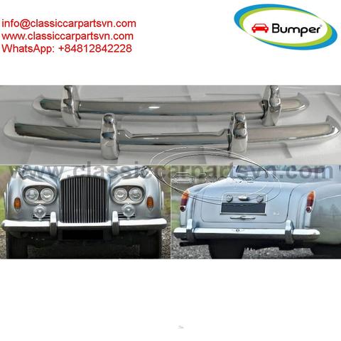 A close-up view of the chrome bumpers from a Rolls-Royce Silver Cloud III reflecting a classic design with smooth lines and polished finishes