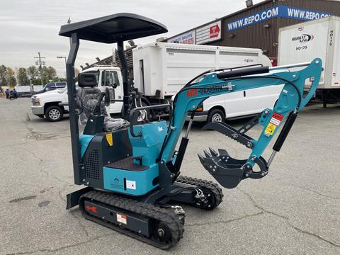 A 2024 AGT Mini Excavator with a teal body and black tracks features a compact design and a hydraulic arm with a bucket attachment for digging and lifting tasks