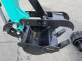 A 2024 AGT Industrial Green QH13R Mini Excavator attachment with a black bucket and claw-like edges designed for digging and maneuvering materials