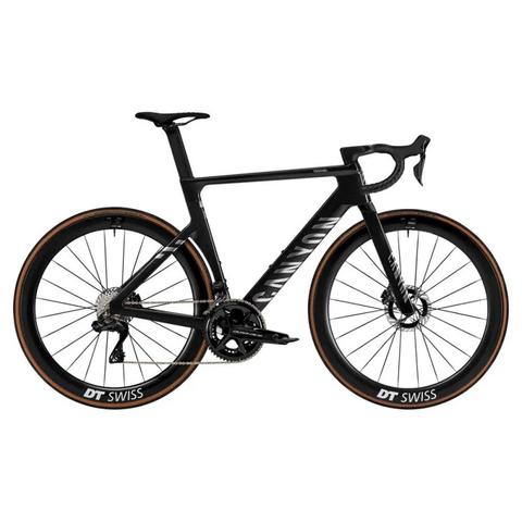 2025 Canyon Aeroad CFR Di2 road bike featuring a sleek black frame aerodynamic design and high-performance components