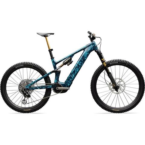 2026 Specialized S-Works Turbo Levo 4 LTD Electric Mountain Bike featuring a blue and black patterned frame with high-performance components and thick tires