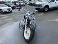 A 2008 Harley-Davidson FLSTFI motorcycle with chrome detailing and classic styling facing forward, featuring large headlights and a wide front tire