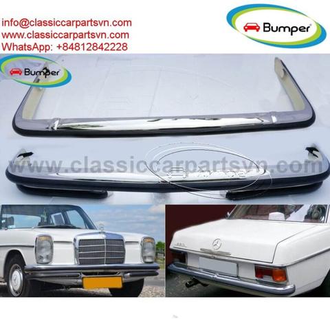 Mercedes W114 W115 250c 280c coupe bumper with chrome accents and black trim designed for vintage vehicles