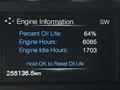 2017 Ford F-150 dashboard display showing engine information with percent oil life 64 percent engine hours 6085 and engine idle hours 1703