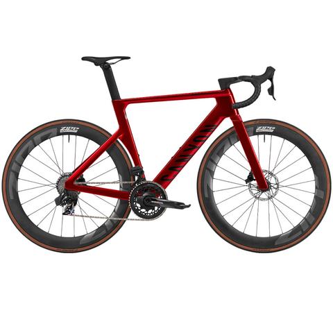 2025 Canyon Aeroad CF SLX 8 AXS Road Bike with a sleek red frame aerodynamic design and high-performance wheels featuring Zipp branding