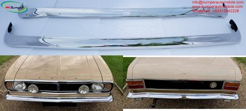 Two chrome bumpers for a Ford Cortina MK2 from 1962 to 1970 with a polished finish and distinct design features