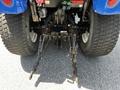 2018 New Holland Boomer 45 tractor's rear view showing large tires and hitch assembly with arms and attachment points