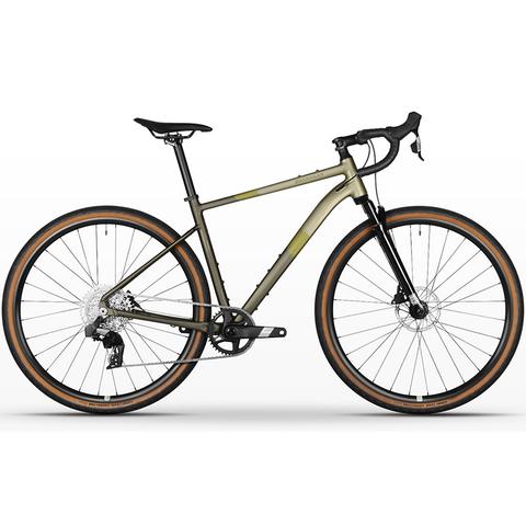 2026 Boardman TRVL 9.2 DB Alloy All Road Bike featuring a sleek design with a muted green frame and brown tires suitable for various terrains