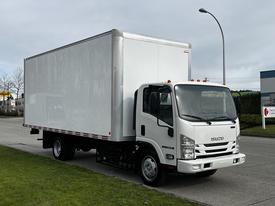 A 2019 Isuzu NQR box truck with a white cargo area and a cab featuring orange lights on the roof
