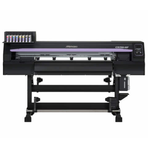 Mimaki CJV150-107 printer with vibrant ink cartridges and control panel designed for high-quality printing and cutting applications