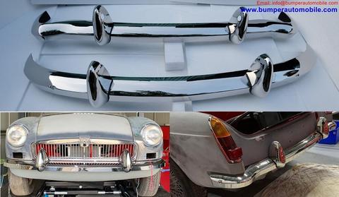 Two chrome bumpers for an MGB car from 1962 to 1974 showcasing a shiny finish and distinctive design elements typical of vintage automotive styling