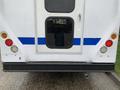 2015 Chevrolet Express rear view showing tail lights a blue stripe and a door with a window