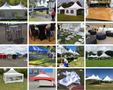 A collage of various inflatables tents and party rental equipment including large canopies tables and chairs arranged for events