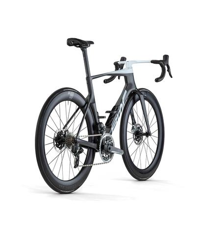 2024 BMC Teammachine R 01 LTD Road Bike featuring a sleek black and gray design carbon frame aerodynamic handlebars and disc brakes with high-performance wheels and drivetrain