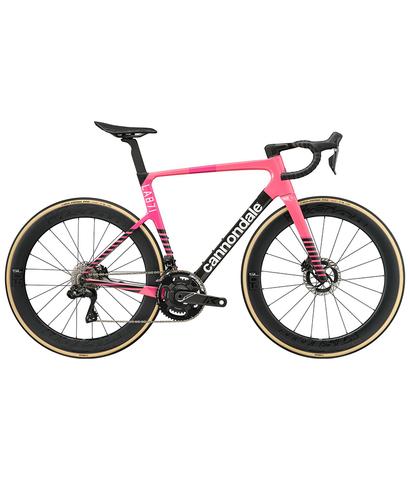 A 2025 Cannondale SuperSix EVO LAB71 Team Road Bike featuring a vibrant pink and black frame with aerodynamic design and high-performance wheels