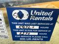 A service sticker for a 2013 JCB 510-56 Loadall with details including service hours and a contact number for United Rentals