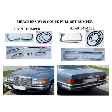 Mercedes W116 EURO style bumpers featuring front and rear bumpers along with trim parts in a displayed set on a white background