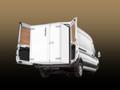 A 2025 Ford Transit van with its rear doors open revealing a wooden interior space designed for cargo transport