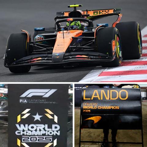 A Spark McLaren MCL39 model car displaying the design of Lando Norris with a World Championship Winner title in 1:12 scale