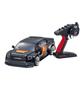 A black 1/10 scale Toyota Tundra drift car with racing stripes and a remote control transmitter designed for drifting activities