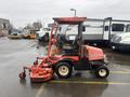 A red 2010 Kubota F3680 lawnmower with a front-mounted mowing deck and a steering wheel. The seat is empty and the machine has four wheels.