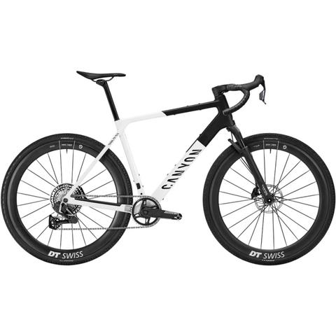 A black and white 2026 Canyon Grail CF SLX 8 RIFT Carbon Gravel Road Bike featuring disc brakes and DT Swiss wheels