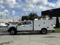 A 2024 Ford F-550 work truck in white with a utility bed featuring compartments and equipment mounted on top