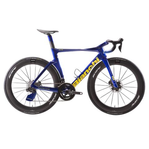 2026 Bianchi Oltre RC Founder Edition Shimano Dura-Ace Di2 Carbon Aero Road Bike in blue with yellow accents and aerodynamic design