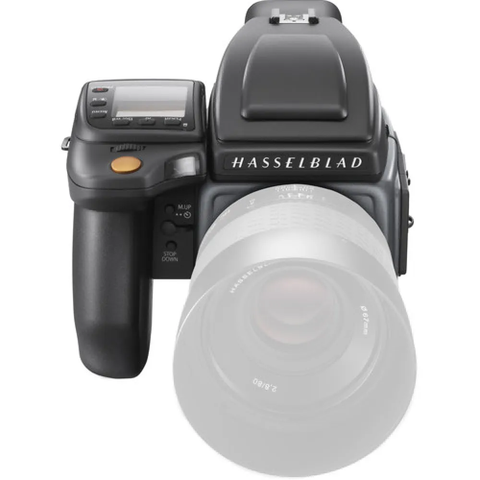 Hasselblad H6D-100c Medium Format DSLR Camera featuring a detailed grip and a large lens with a light filter on the front