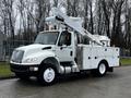 A white 2013 International DuraStar truck equipped with a hydraulic boom lift mounted on the chassis and storage compartments on the side