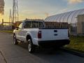 A white 2012 Ford F-250 truck with a metal bed rack viewed from the rear showcasing its large tires and sturdy build