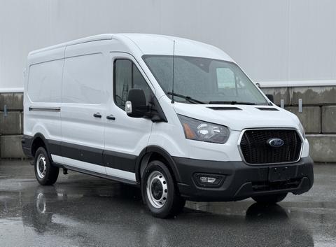 A white 2022 Ford Transit van with a black front grille and low front bumper designed for cargo transport