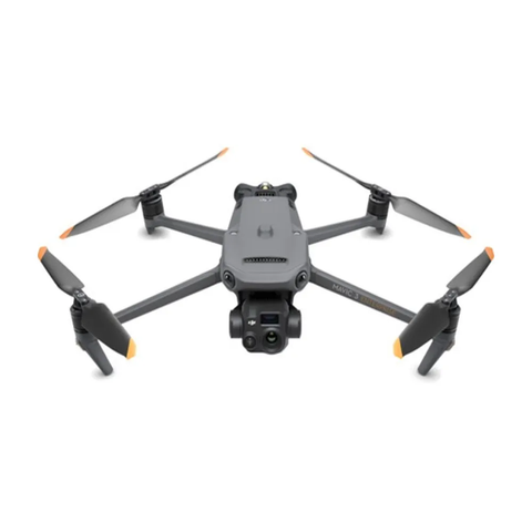 DJI Mavic 3 Thermal Drone with four propellers and a camera at the front featuring a sleek gray design and orange accents