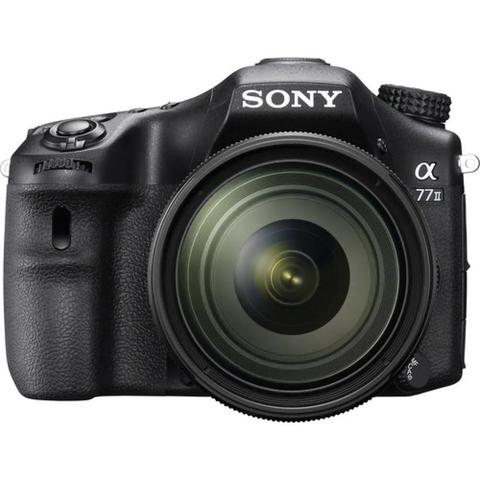 Sony Alpha a77 II DSLR camera with a 16-50mm f28 lens showcasing a sleek black design and prominent lens details