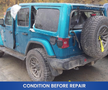 A blue 2020 Jeep Wrangler with visible damage to the rear and a spare tire mounted on the back