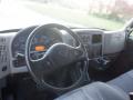 Interior of a 2014 International Durastar showing the steering wheel dashboard gauges and control panel with various knobs and a touchscreen display