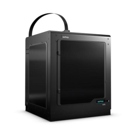 Zortrax M300 3D printer with a square black enclosure featuring a transparent door and a handle on top