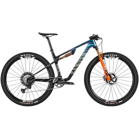 2025 Canyon Lux World Cup CFR MACH874 Mountain Bike featuring a lightweight frame with front suspension orange forks and high-performance wheels designed for mountain biking
