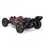 A black Arrma 1/8 TYPHON 6S 4X4 RTR Brushless Buggy featuring large off-road tires red accents and a sleek aerodynamic design