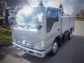 A silver 2008 Isuzu Elf truck with a flatbed design large front grille and prominent headlights