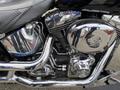 A chrome engine of a 2008 Harley-Davidson FLSTFI motorcycle showcasing polished metal components and a distinctive logo