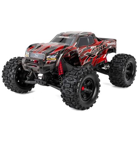 Traxxas X-Maxx 8S 4WD Brushless RTR Monster Truck featuring red and black body design large tires and impressive suspension system