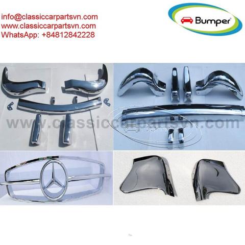 A collection of chrome parts for a Mercedes 190SL Roadster including bumpers grilles and trim pieces